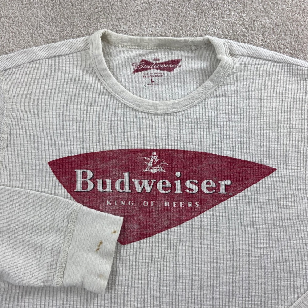 Lucky Brand Budweiser Shirt Mens L Cream Long Sleeve Thermal Graphic Tee